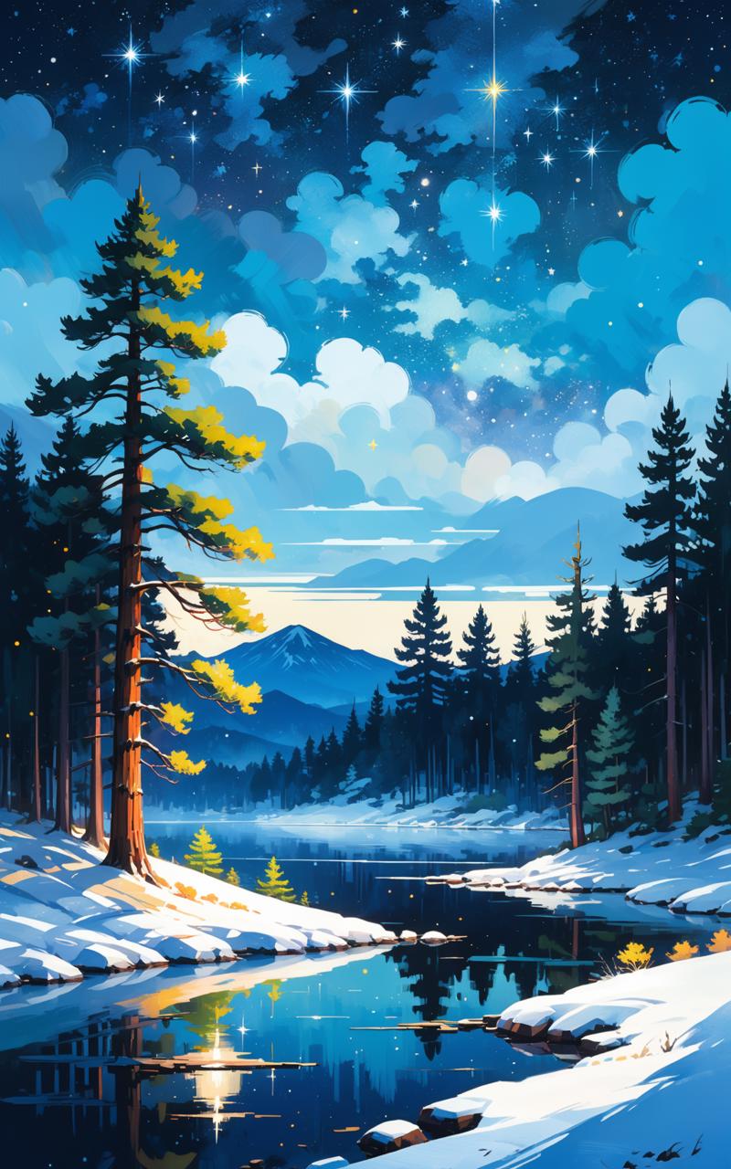 07266-378708162-flat stylized pine trees, winter landscape with starry night sky and lake, painterly, acrylic painting, trending on pixiv fanbox.png